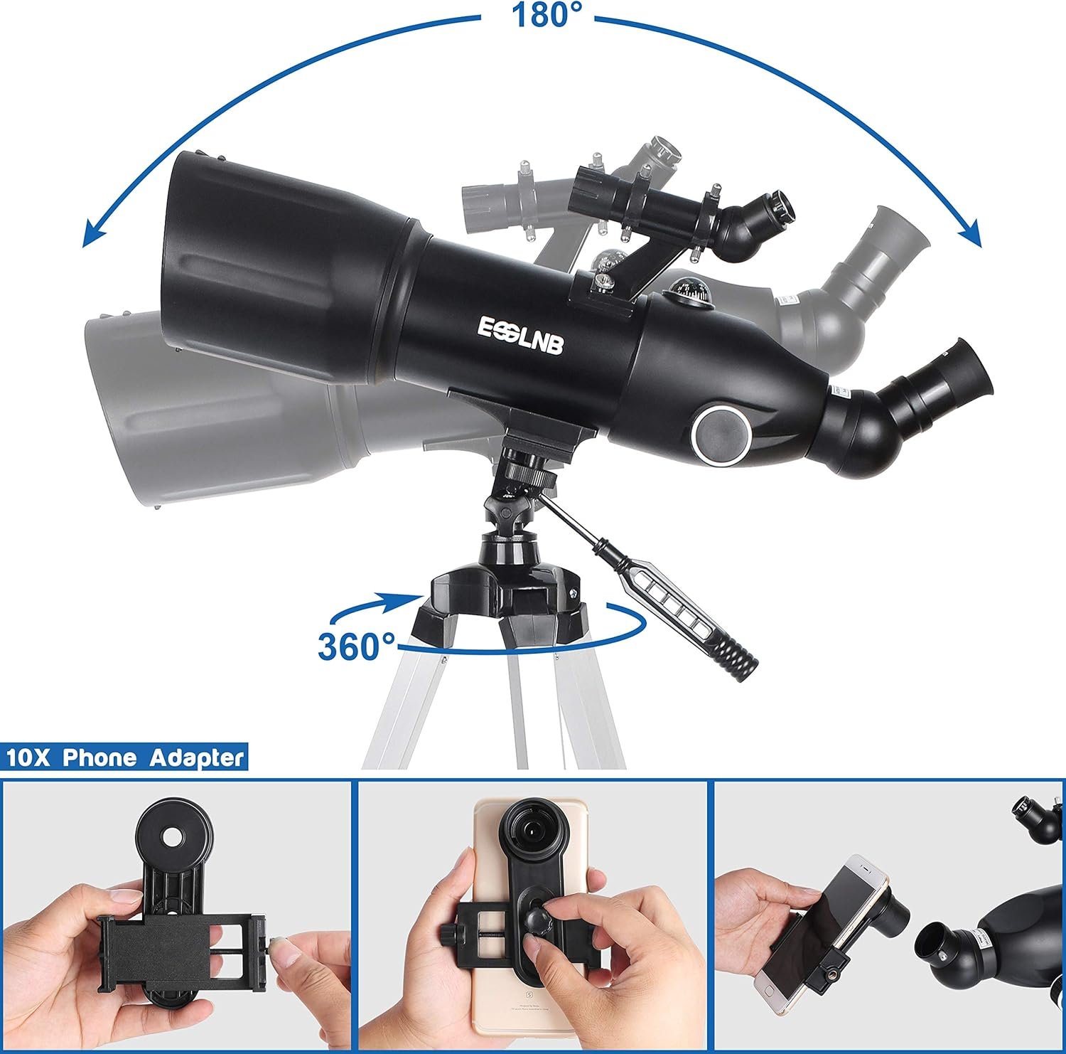 Black telescope mounted on a tripod, showing 180-degree vertical and 360-degree horizontal rotation, with three inset images demonstrating a phone adapter installation.