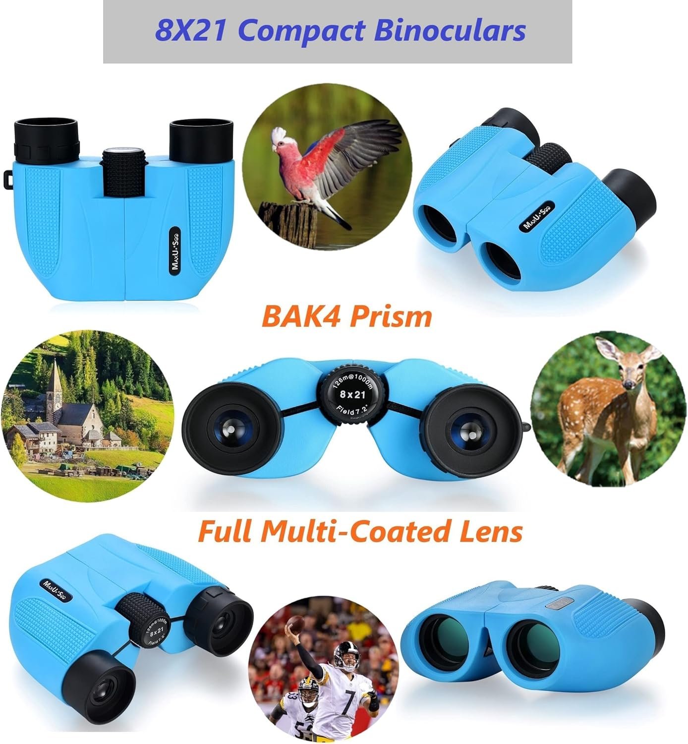 A collage shows blue 8x21 compact binoculars from different angles, with example images of a bird, deer, village, and sports, and labels for “BAK4 Prism” and “Full Multi-Coated Lens.”.