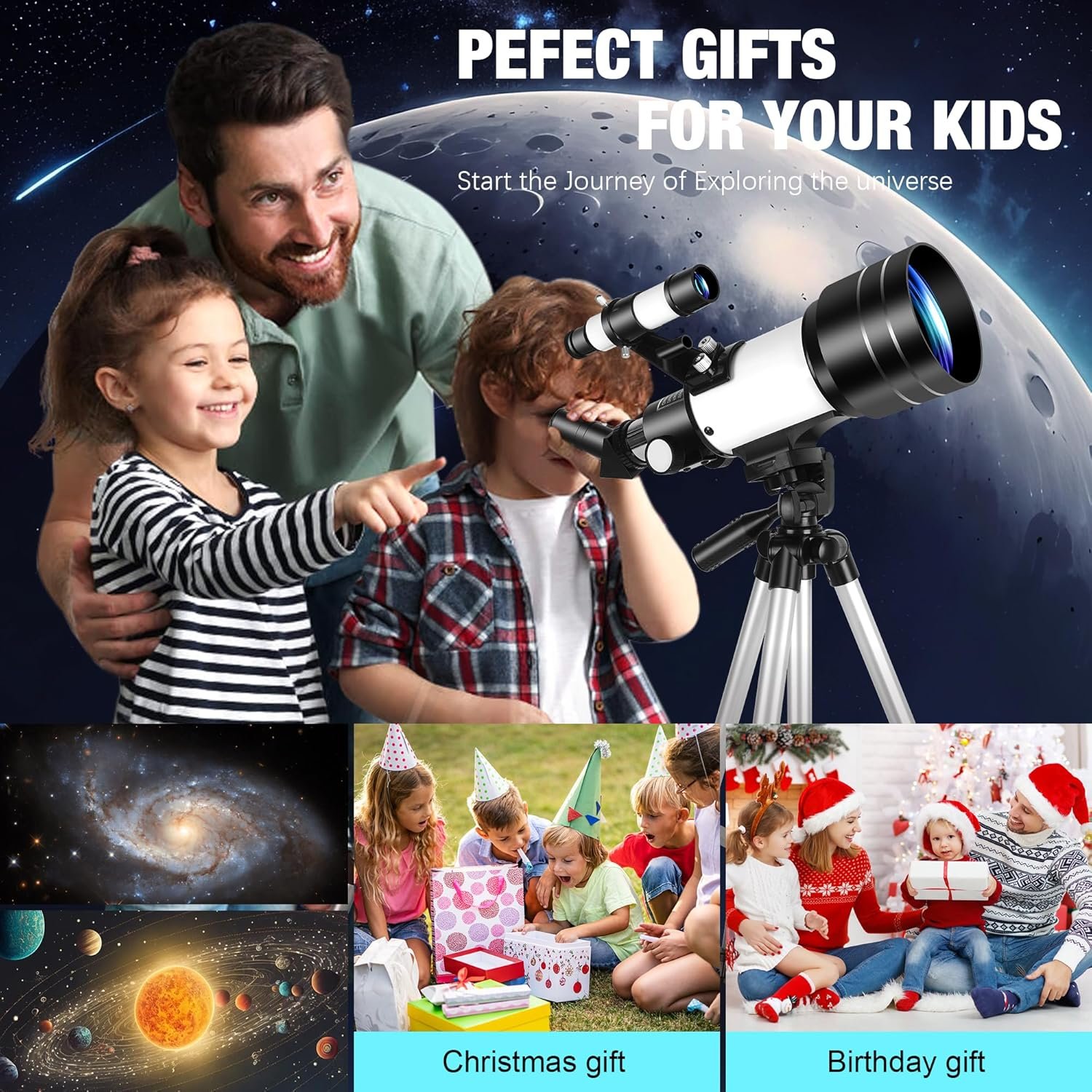 A man and two children use a telescope, with space-themed graphics and gift suggestions for Christmas, birthdays, and holidays. Text promotes the telescope as a gift for kids.