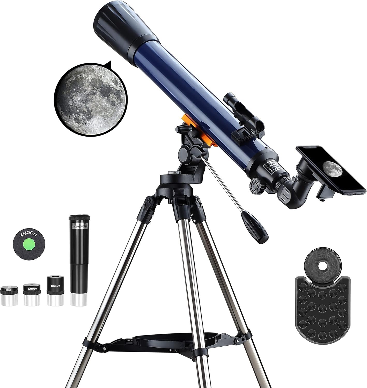 A blue telescope mounted on a tripod with accessories including eyepieces, a finder scope, a phone adapter, and a photo of the moon.