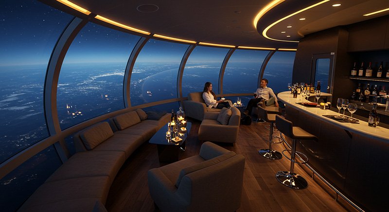 Two people sit in a modern lounge with large curved windows showing a night view of Earth from high altitude, enjoying the unique experience of space tourism next to a bar stocked with bottles and glasses.