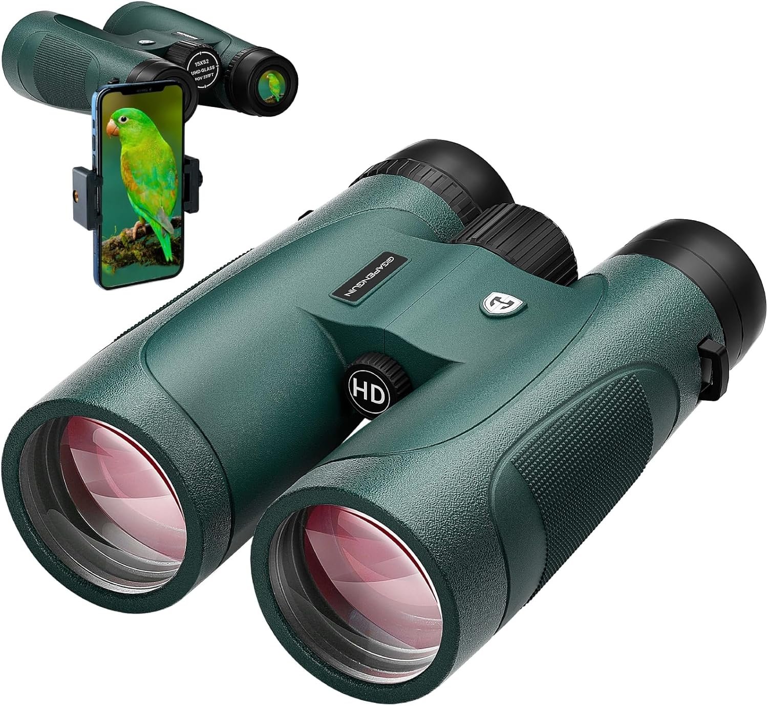 🔠GIGAPENGUIN 15x52 HD Binoculars, featuring a textured grip in green, are shown next to a smartphone adapter displaying a bird photo on the phone screen—see the world in unmatched clarity.