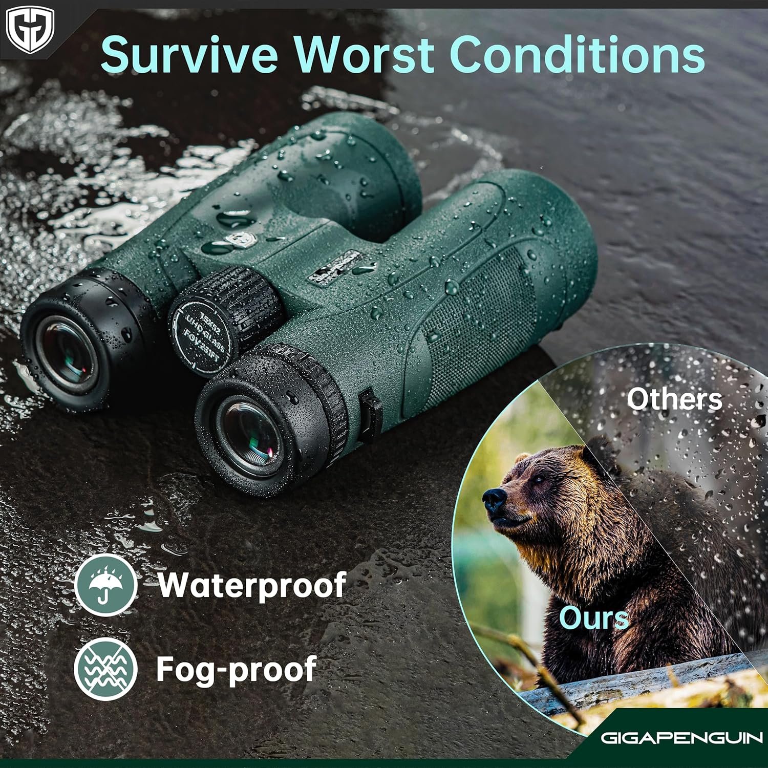 Green waterproof and fog-proof đź” GIGAPENGUIN 15x52 HD Binoculars on a wet surface, with an inset showing a bear seen clearly through the lens, unlike other foggy views. Text: "See the World in Unmatched Clarity. Survive Worst Conditions.