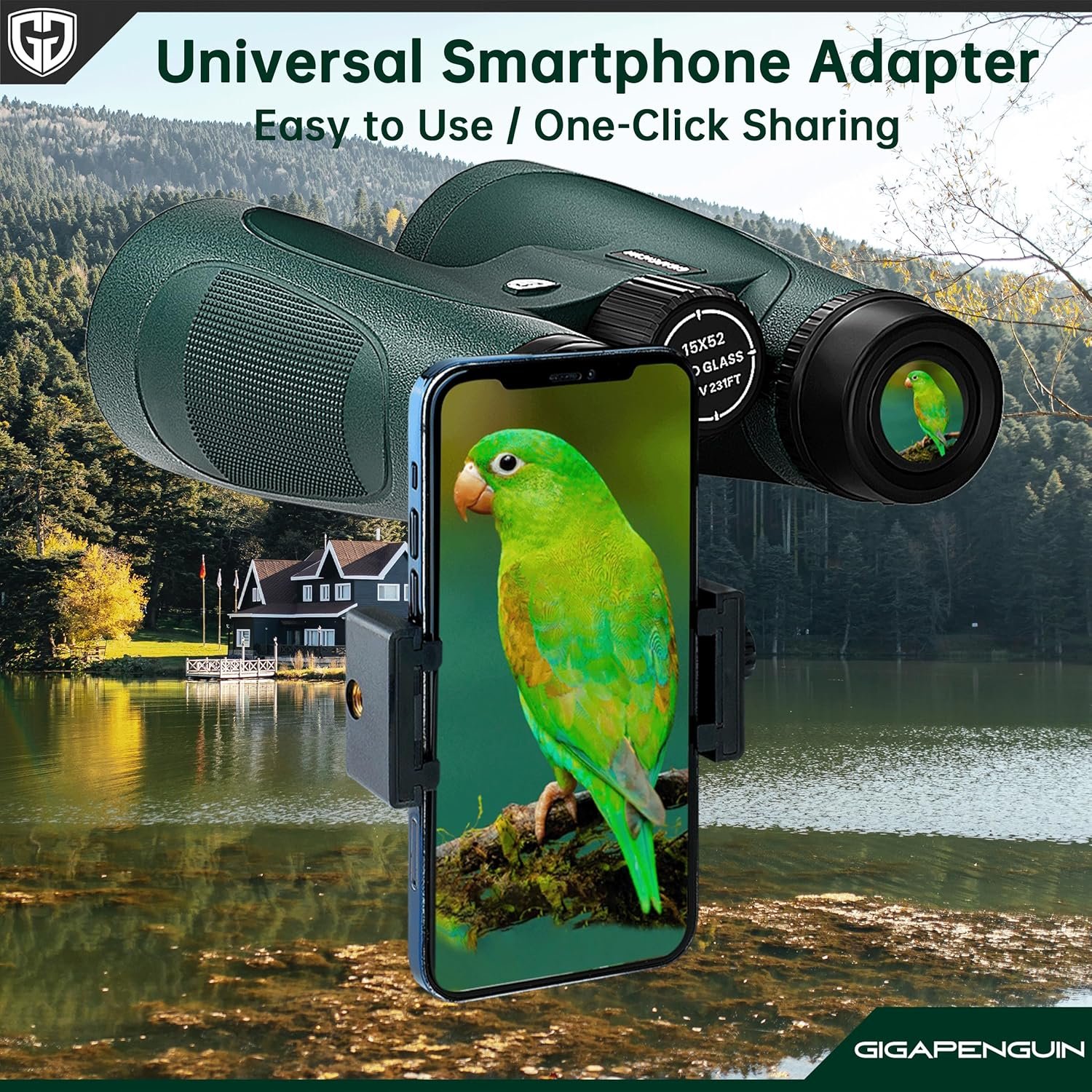 A smartphone attached to GIGAPENGUIN 15x52 HD Binoculars displays a close-up of a green parrot, with a lake and house in the background.