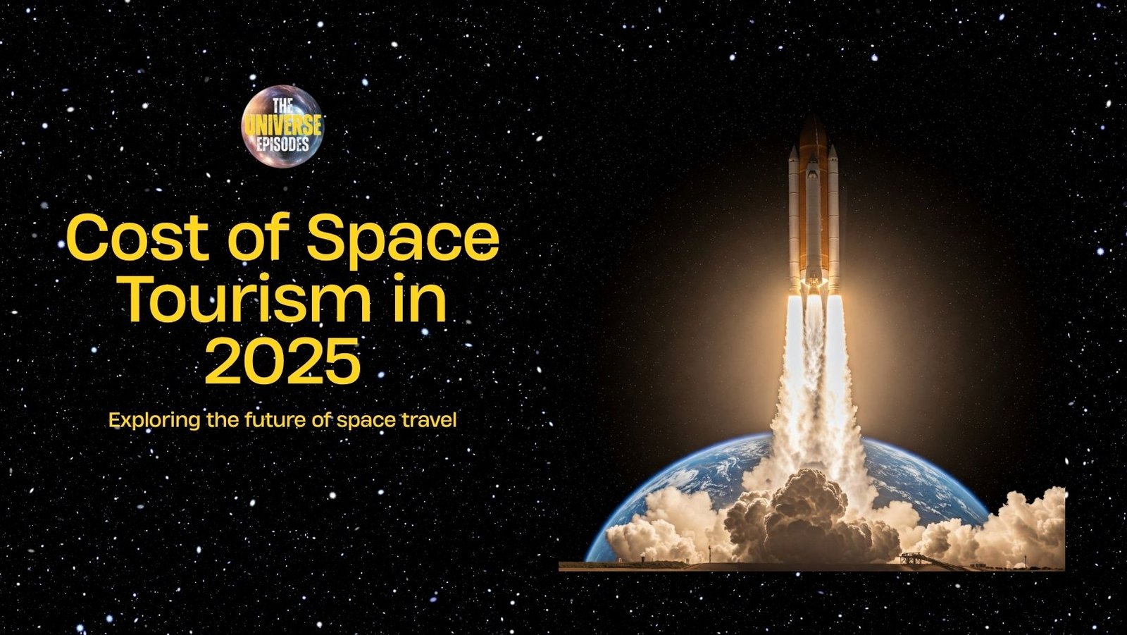 A space shuttle launches above Earth with the text "Cost of Space Tourism in 2025" and "Exploring the future of space tourism" set against a starry background.