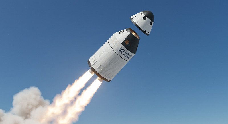 A white space capsule with thrusters firing separates from the rocket, ascending through a clear blue sky with smoke trailing behind, showcasing space tourism safety in action.