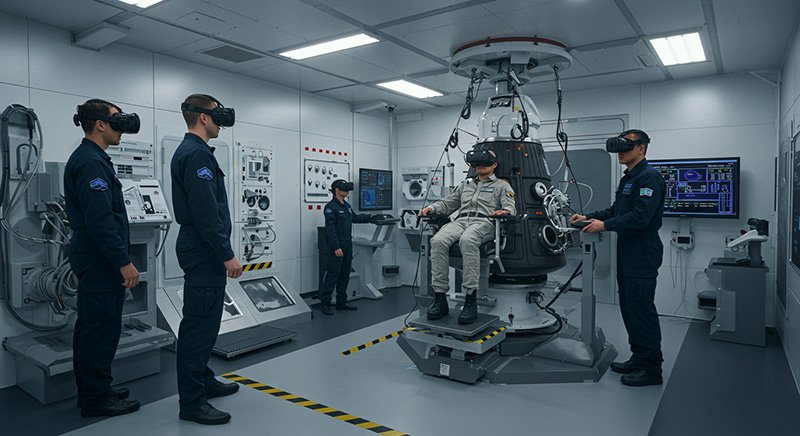 Five people in a high-tech lab; four in dark uniforms observe as one person in a light suit sits in a central chair, all wearing VR headsets, surrounded by control panels and monitors focused on space tourism safety.
