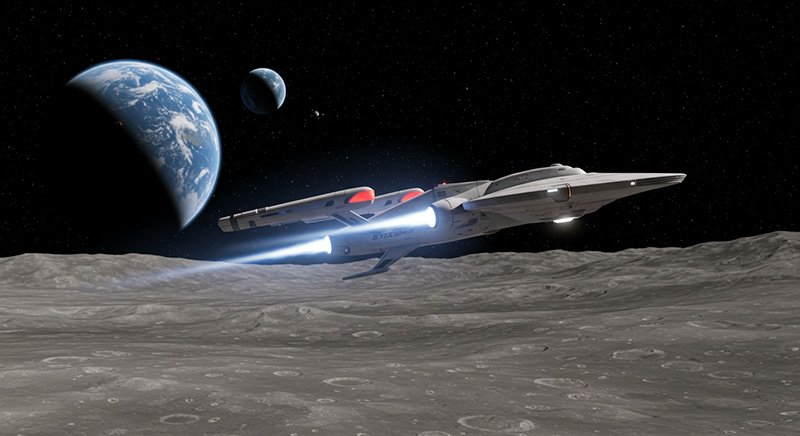 A futuristic spaceship designed for space tourism flies over a cratered lunar surface, with Earth and another celestial body visible in the background.