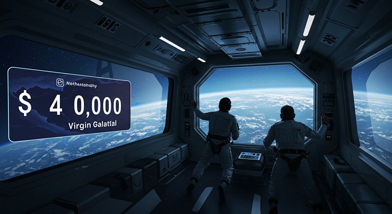 Two astronauts stand in a spacecraft, gazing out a large window at Earth. A digital display flashes "$40,000 Virgin Galatal," highlighting the rise of space tourism.