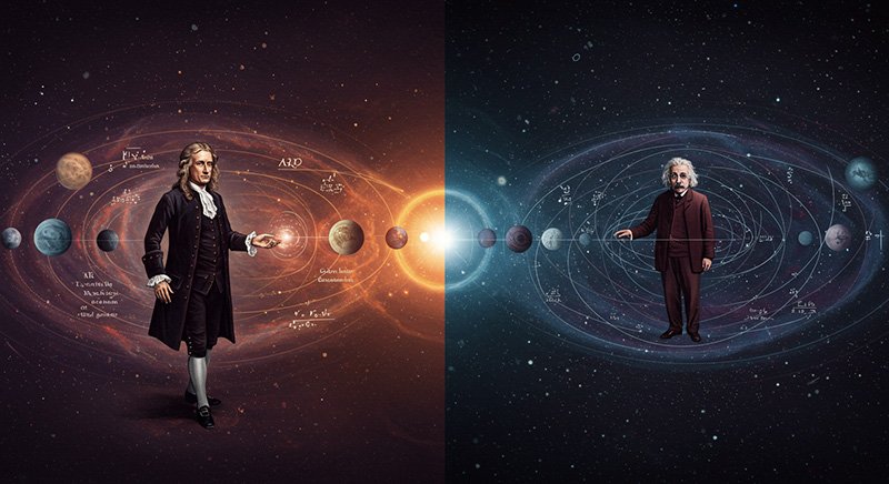 Illustration of Isaac Newton and Albert Einstein standing on opposite sides of the solar system, with equations and planetary orbits representing classical and modern physics.