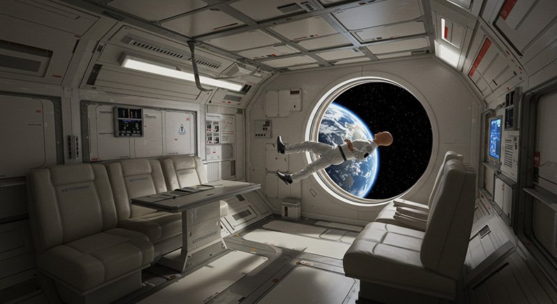 Suborbital vs. Orbital Flights: Which Space Experience Is Right for You? 3 An astronaut floats inside a spacecraft near a round window, enjoying a breathtaking space experience with views of Earth and the cosmos—an inspiring glimpse into the wonders of orbital flights.