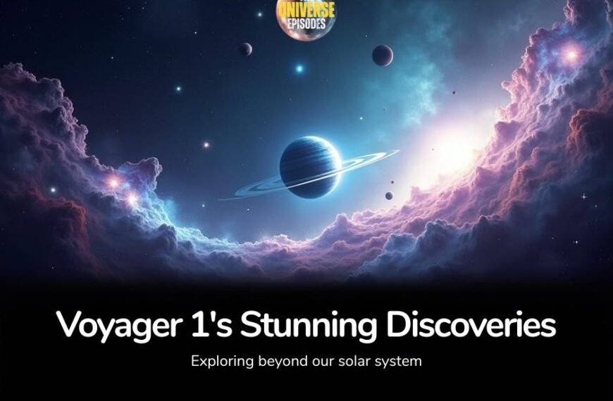 Illustration of a planet with rings in space, surrounded by clouds and stars, with the text "NASA Voyager 1's Stunning Discoveries – Exploring beyond our solar system.