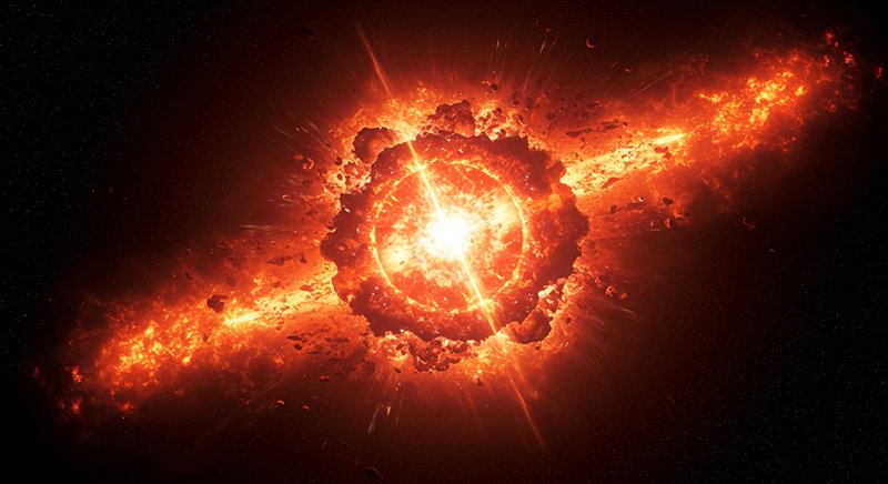 What Is Hidden In The Core Of A Neutron Star? 2 A bright, fiery explosion with glowing debris radiating outward against a dark background, resembling a supernova or cosmic event in space.