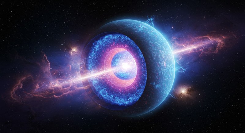 What Is Hidden In The Core Of A Neutron Star? 3 A glowing, spherical cosmic object with layered interiors emits a bright beam of energy in space, surrounded by stars and colorful nebulous clouds.