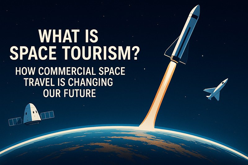 A rocket launches from Earth with text: "What is space tourism? How commercial space travel and Space Tourism are changing our future." Two spacecraft orbit near the planet.