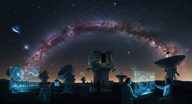 Astronomers in lab coats analyze digital star maps at a ground observatory, with satellite dishes under a starry night sky and an arched Milky Way galaxy above.