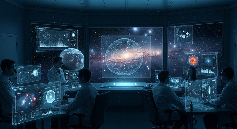 Six scientists in a dimly lit lab study holographic space projections and data displays, with images of planets and galaxies visible on large screens around the room.