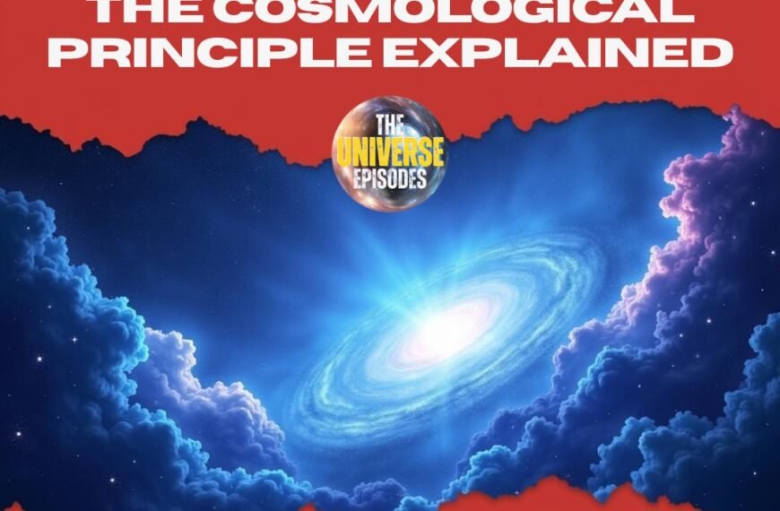 Illustration of a bright spiral galaxy in blue tones with the text "The Cosmological Principle Explained" above it on a red background, highlighting our understanding of the universe and its underlying principles.