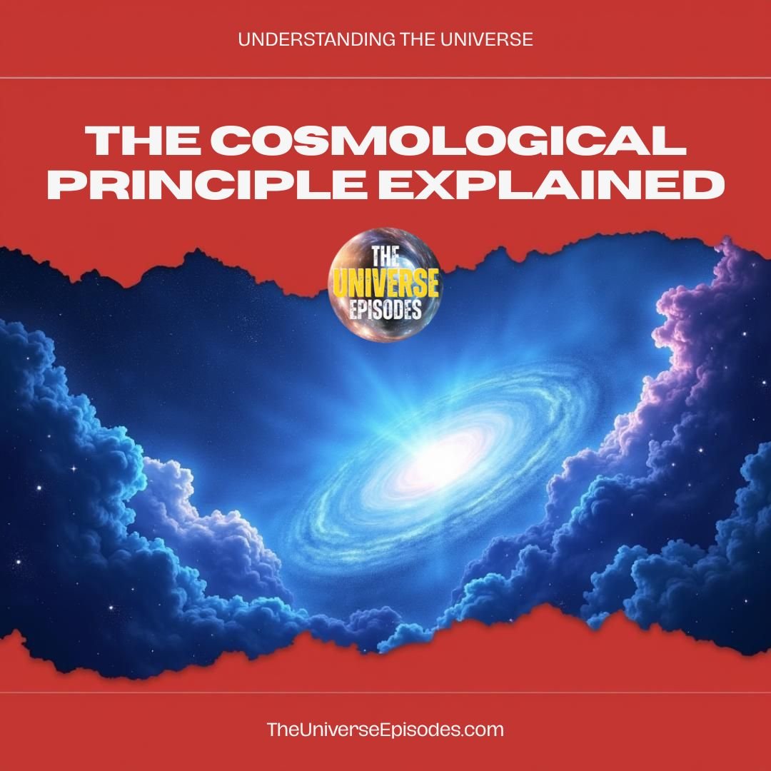What is the cosmological principle, and how is it important to our understanding of the universe? 8 Illustration of a bright spiral galaxy in blue tones with the text "The Cosmological Principle Explained" above it on a red background, highlighting our understanding of the universe and its underlying principles.