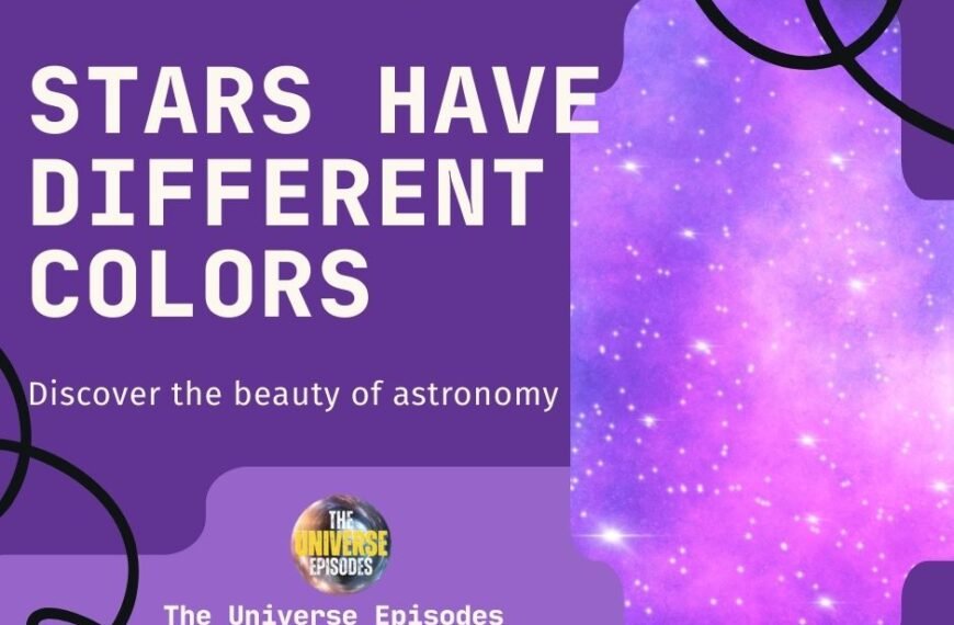 Promotional graphic with the text "Stars have different colors. Discover the beauty of astronomy. The Universe Episodes" on a purple background with star patterns and abstract black lines.