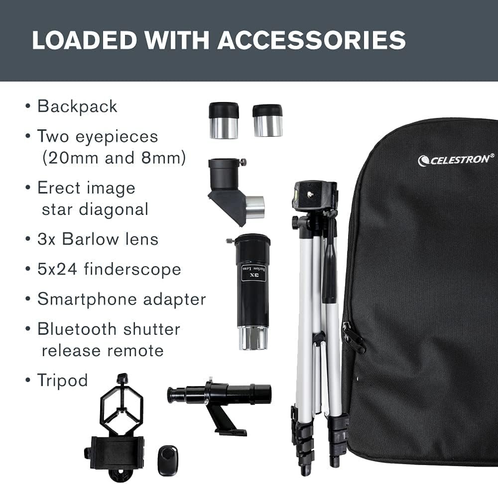 A Celestron accessory kit including a backpack, two eyepieces, star diagonal, Barlow lens, finderscope, smartphone adapter, remote, and tripod, all arranged neatly.