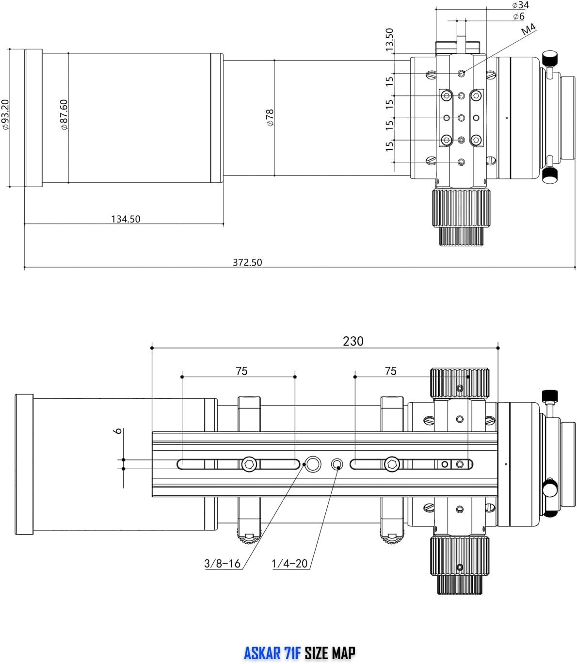 Technical drawing of the Askar 71F telescope showing side and top views with detailed measurements and labeled mounting points.