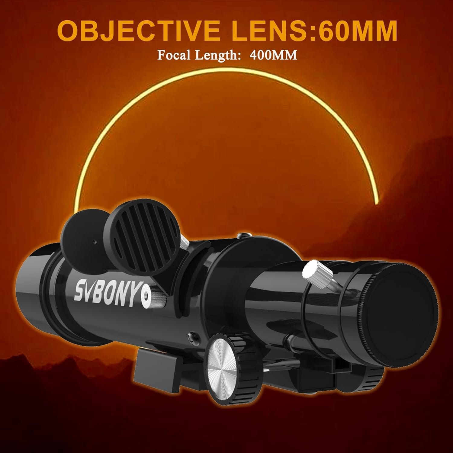 A black SVBONY telescope with a 60mm objective lens and 400mm focal length is displayed in front of a solar eclipse graphic.