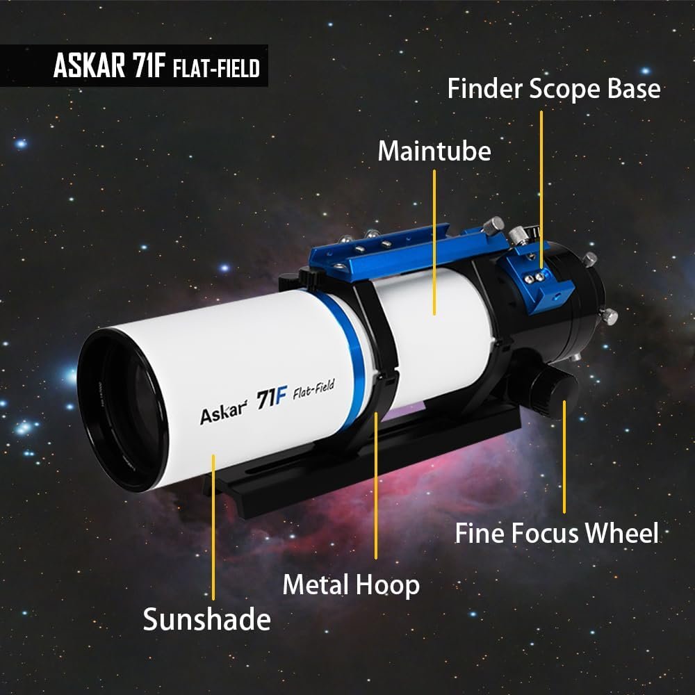 A labeled diagram of the Askar 71F flat-field telescope, showing the sunshade, metal hoop, maintube, finder scope base, and fine focus wheel against a space background.