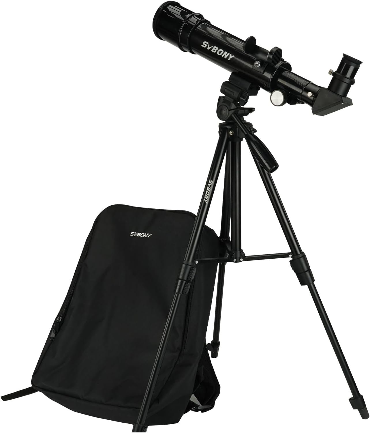 A black SVBONY telescope mounted on a tripod is positioned next to a black SVBONY backpack against a white background.