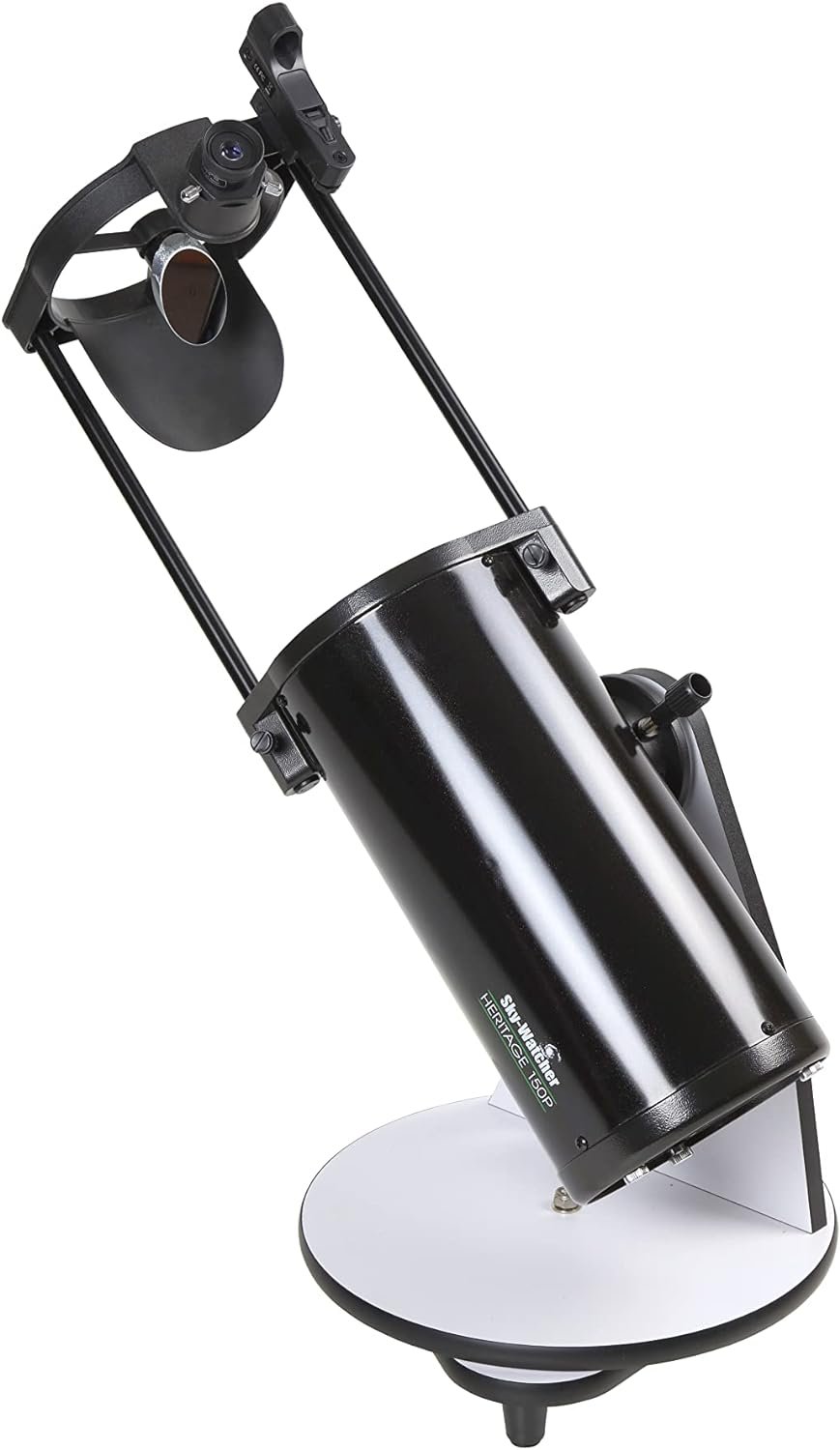 A black tabletop Dobsonian telescope with an open truss tube design, mounted on a round, rotating base.