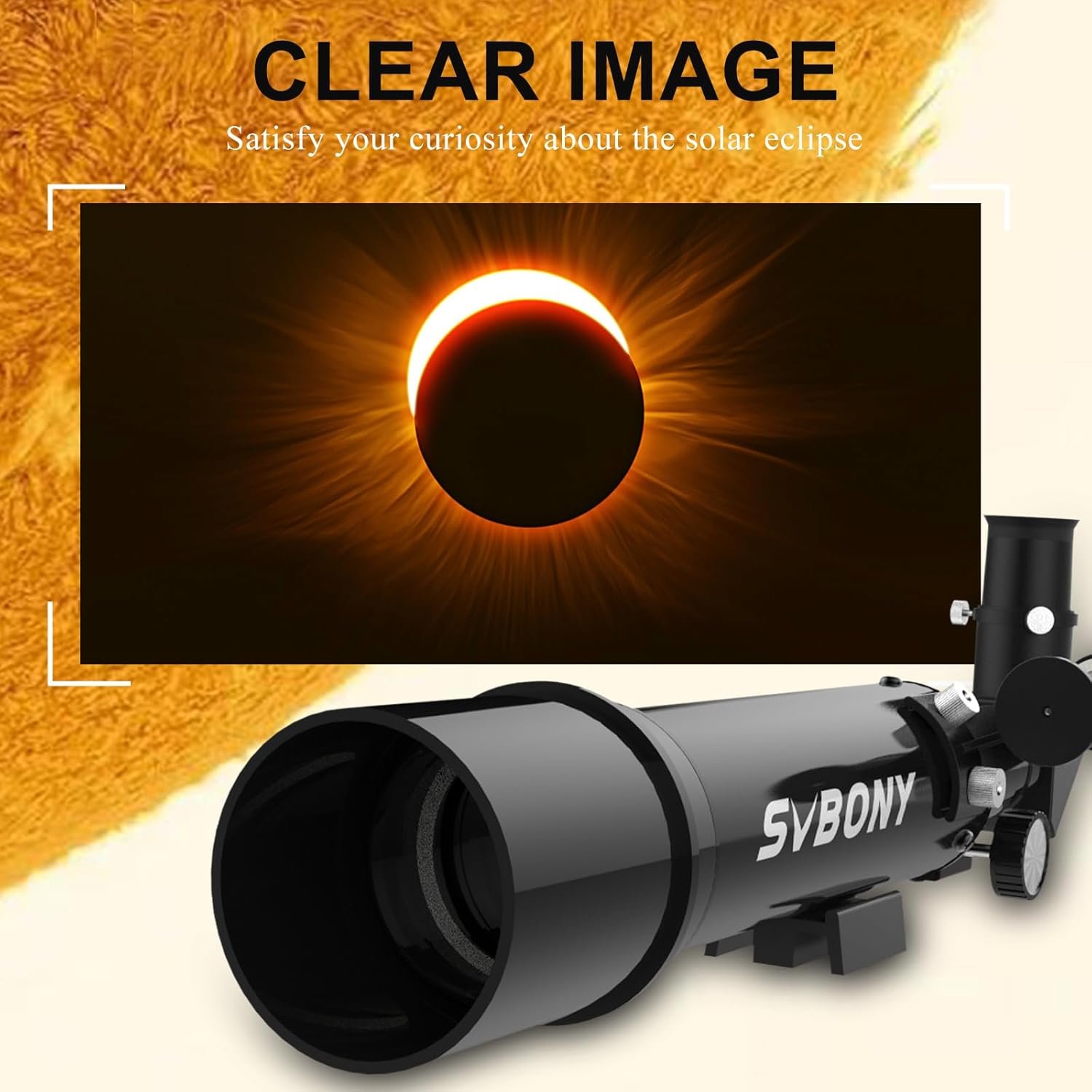 A black SVBONY telescope is shown in front of a solar eclipse image, with text promoting clear views for observing a solar eclipse.