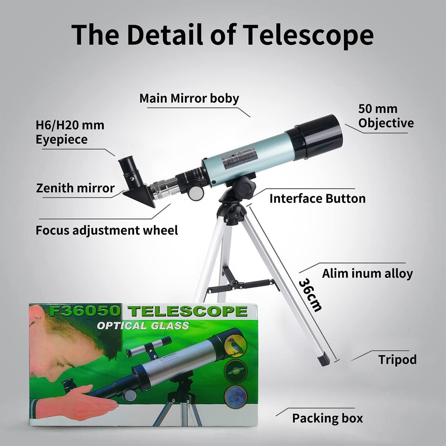 A labeled diagram of a telescope on a tripod, highlighting parts such as eyepiece, zenith mirror, focus knob, objective lens, and tripod; packaging box shown below.