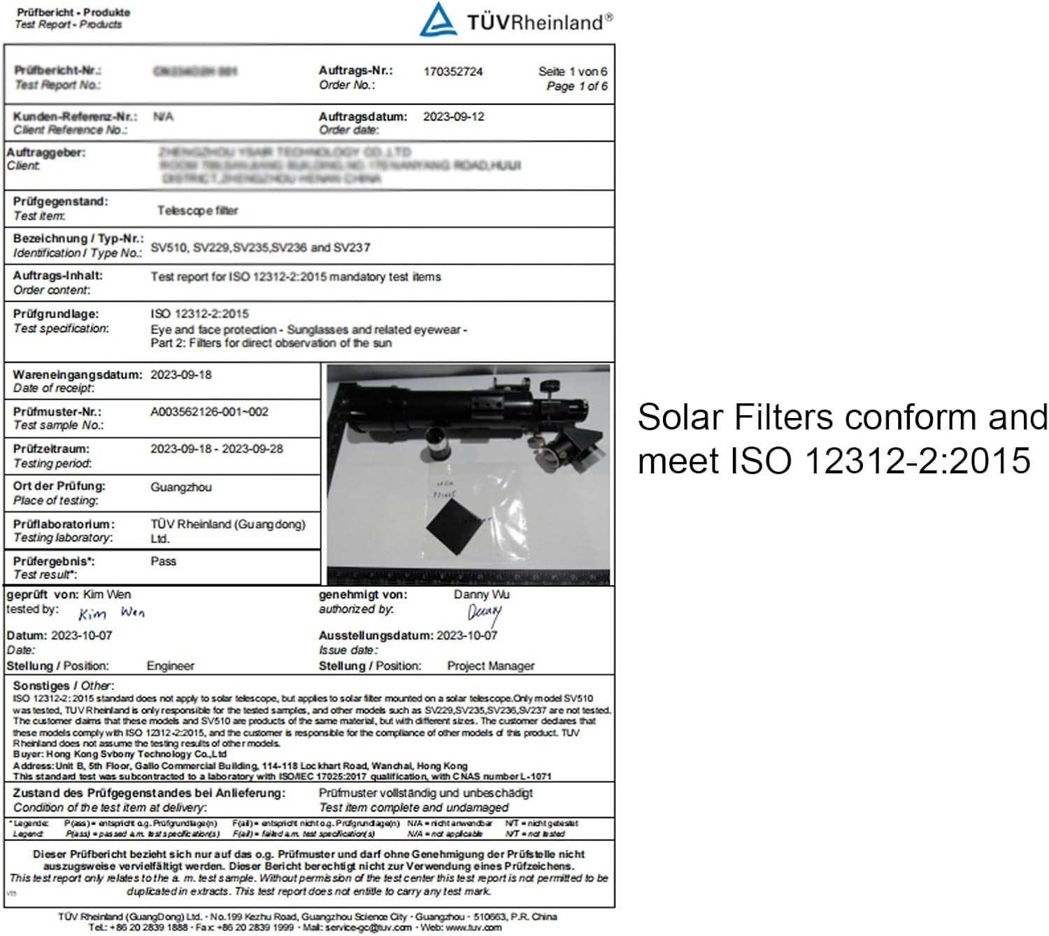 TÜV Rheinland test report document for telescope solar filters, confirming conformity with ISO 12312-2:2015. A labeled image of the solar filter is shown on the right.