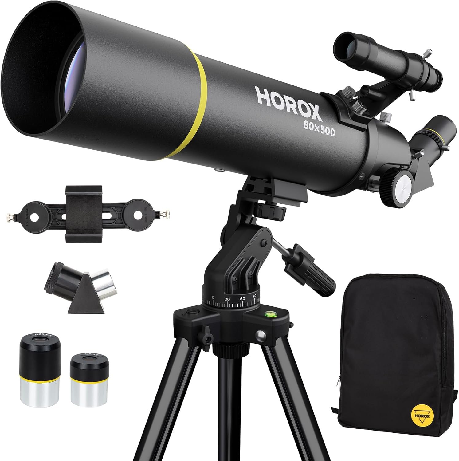 A black telescope with "HOROX 80x500" branding, mounted on a tripod, shown with eyepieces, a finder scope, diagonal mirror, phone adapter, and a carrying bag.