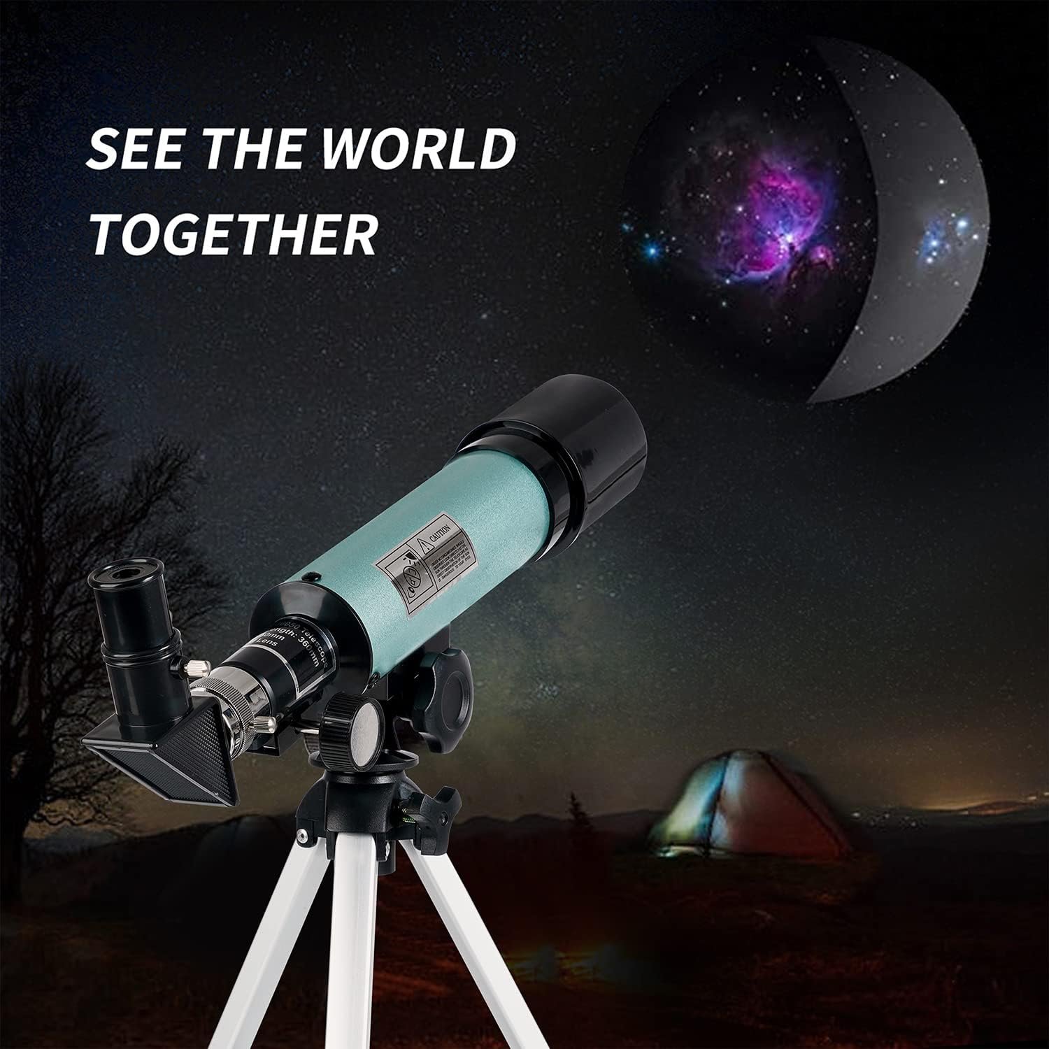 A telescope on a tripod stands outdoors at night, with a tent in the background and a starry sky with a nebula and moon. Text reads, “SEE THE WORLD TOGETHER.”.