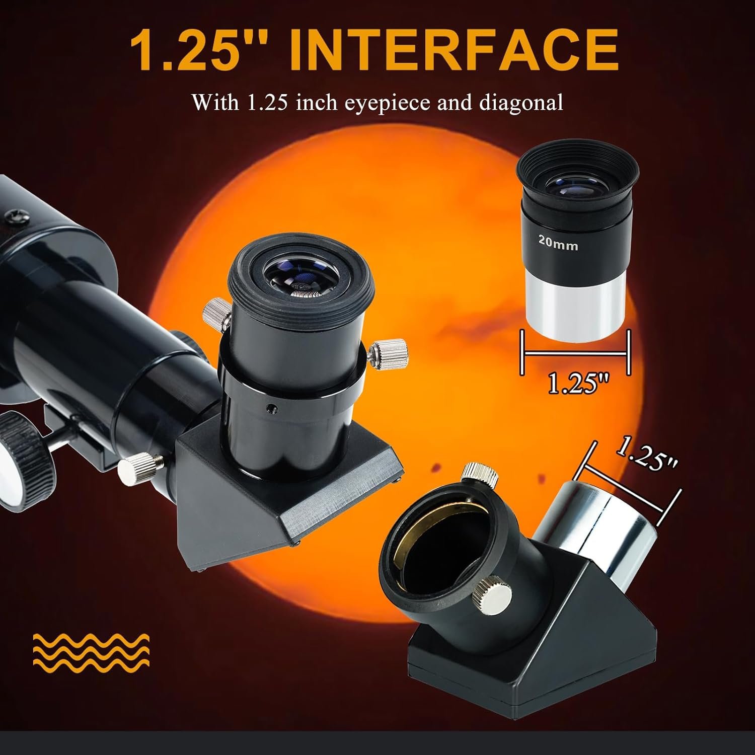 A 1.25-inch telescope diagonal and eyepiece set is shown with labeled measurements, set against an orange background featuring a large sun.