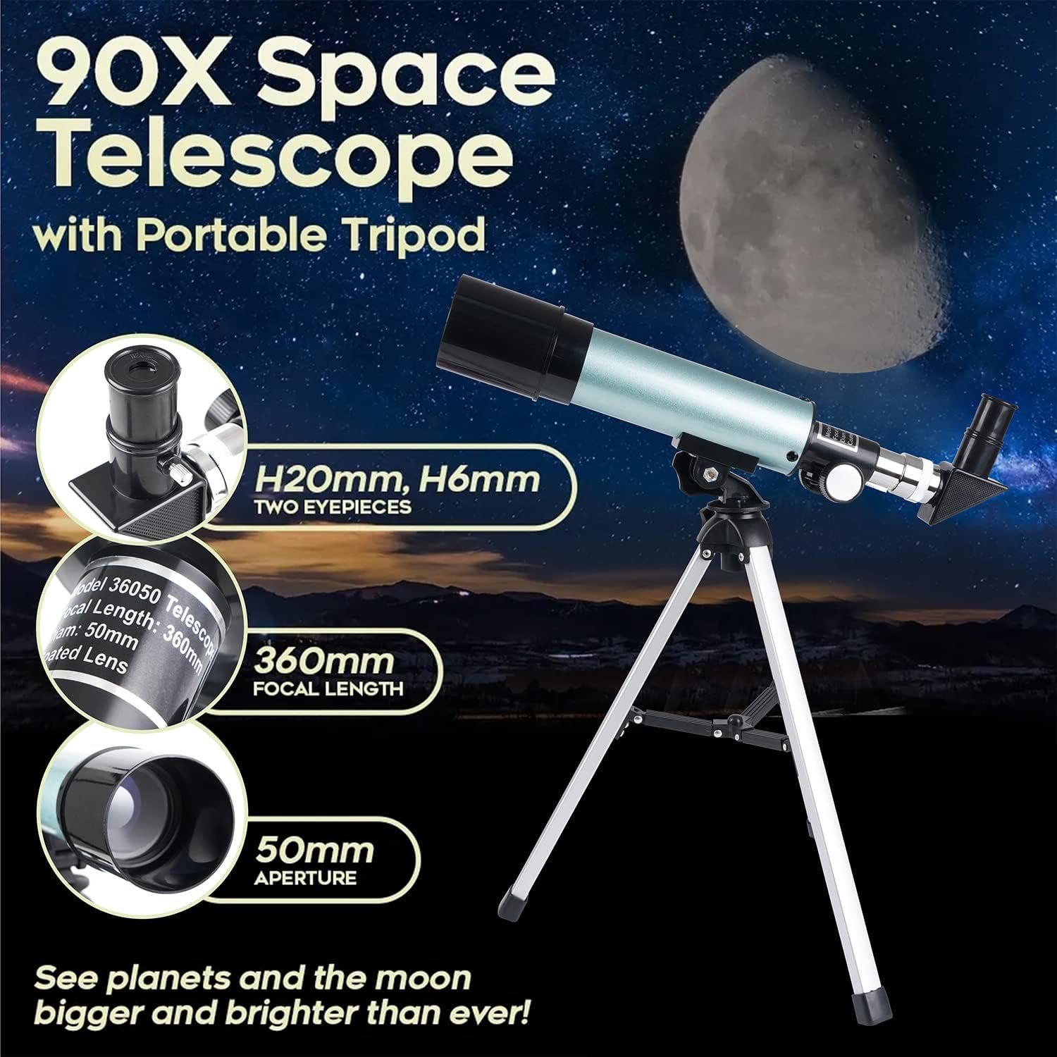 A space telescope with a tripod is shown against a night sky. Inset images highlight eyepieces, 360mm focal length, and 50mm aperture. Text mentions seeing planets and the moon.