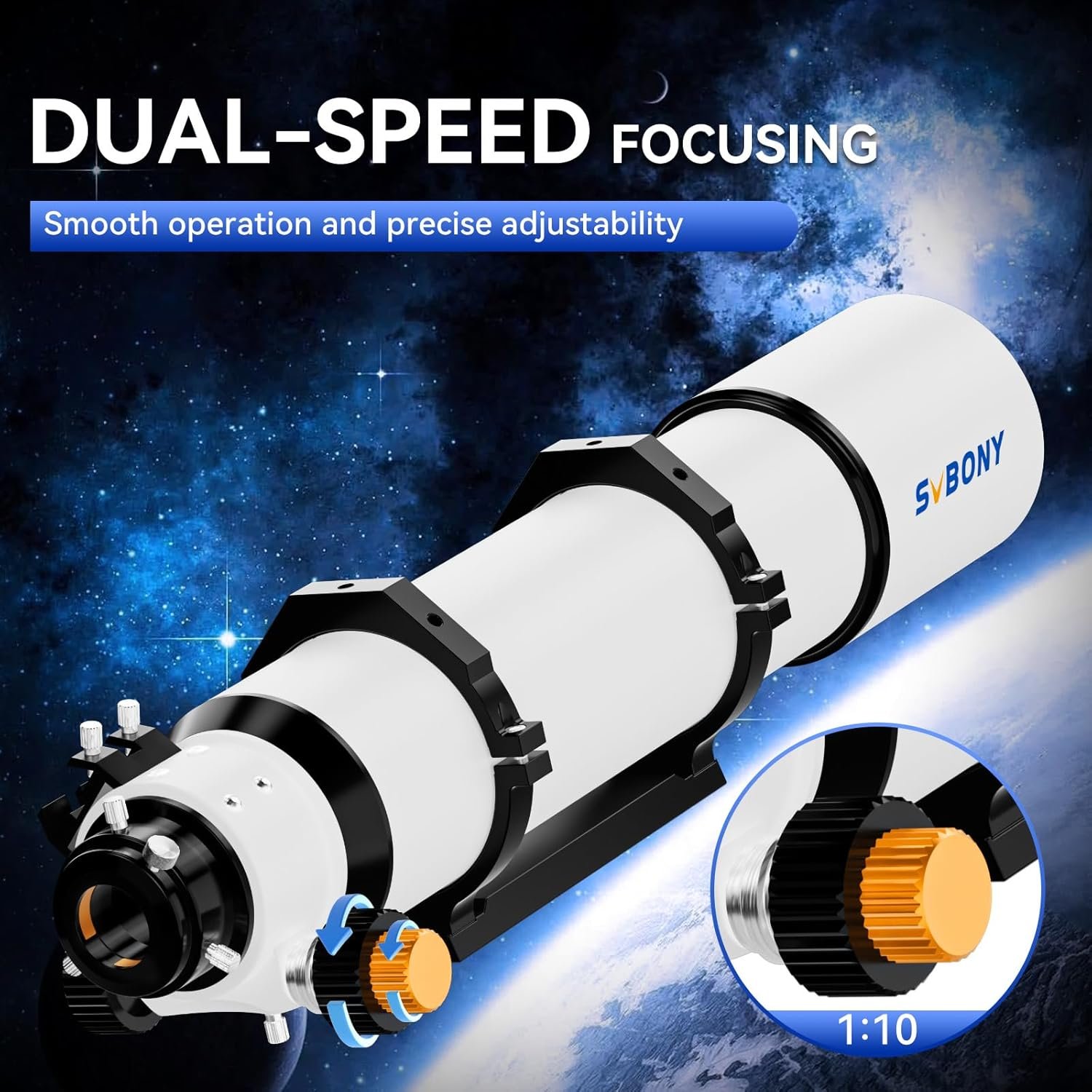 A white SVBONY telescope with a dual-speed focusing knob, shown against a space background, highlighting its smooth operation and precise adjustability.