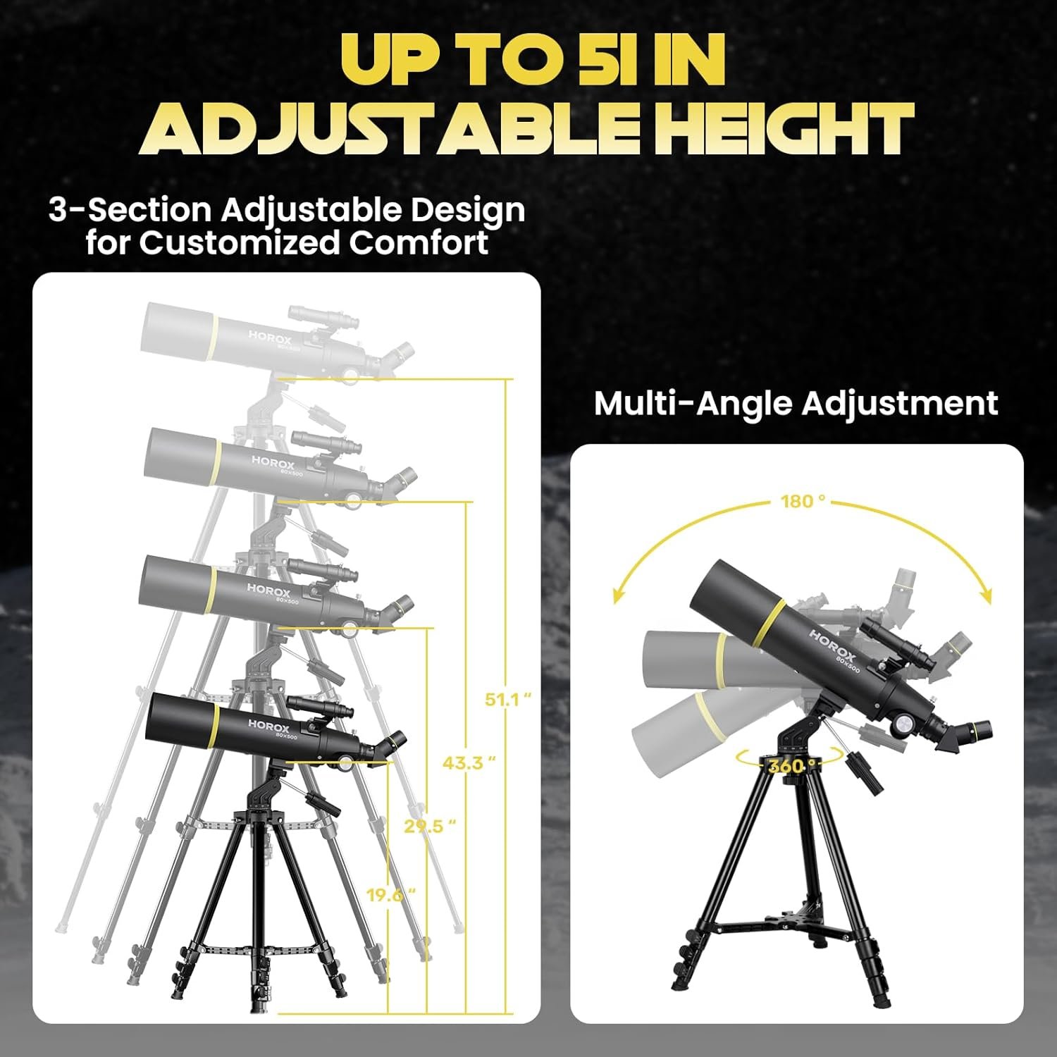 Diagram showing a telescope on a tripod with adjustable height up to 51 inches and multi-angle rotation up to 180° vertically and 360° horizontally.