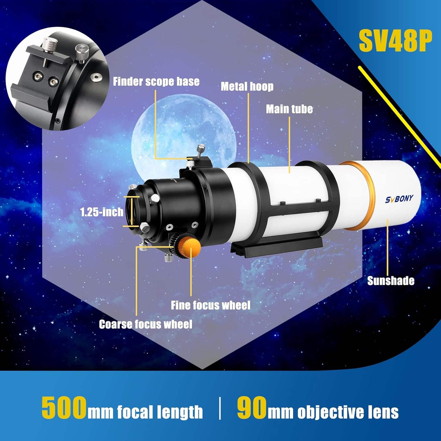 Diagram of the SV48P telescope showing labeled parts: finder scope base, metal hoop, main tube, sunshade, 1.25-inch focuser, coarse focus wheel, and fine focus wheel. 500mm focal length, 90mm lens.