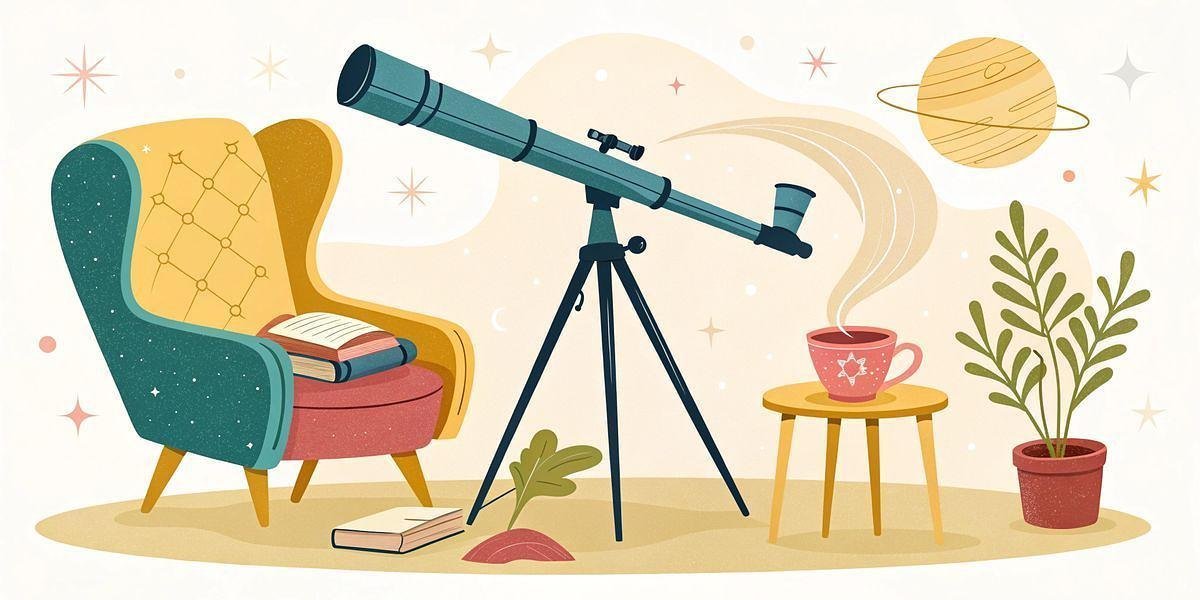 An armchair, an open book, a telescope on a tripod, a cup on a side table, a potted plant, and a drawing of a planet in the background.