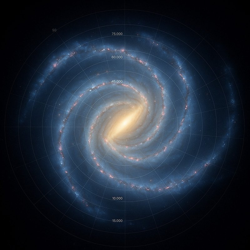 A computer-generated image of a spiral galaxy with labeled distance markers overlaid in concentric circles from the center outward.
