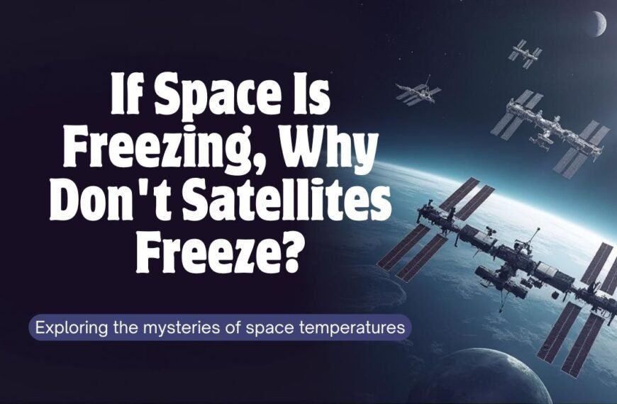 Two satellites and the International Space Station orbit above Earth; text asks why they don't freeze in space and highlights the importance of space thermal control in handling extreme temperatures.