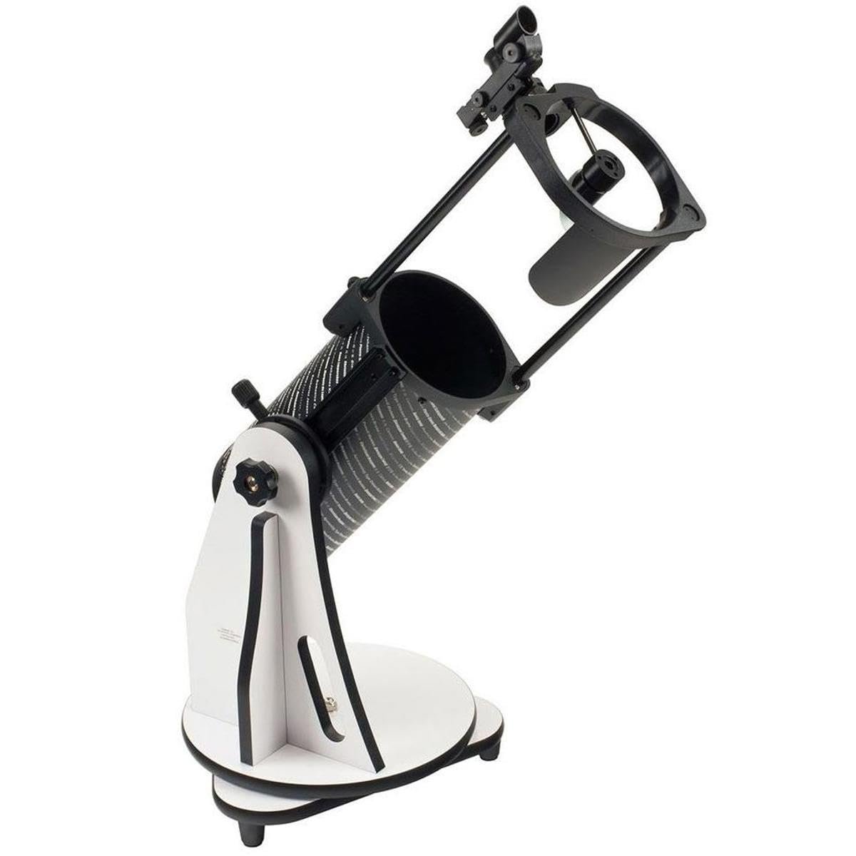 A tabletop Dobsonian telescope with a black and white base, open tube design, and an attached finderscope.