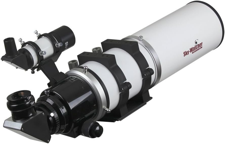 A white Sky-Watcher refractor telescope with black fittings and an attached finderscope, shown on a plain background.