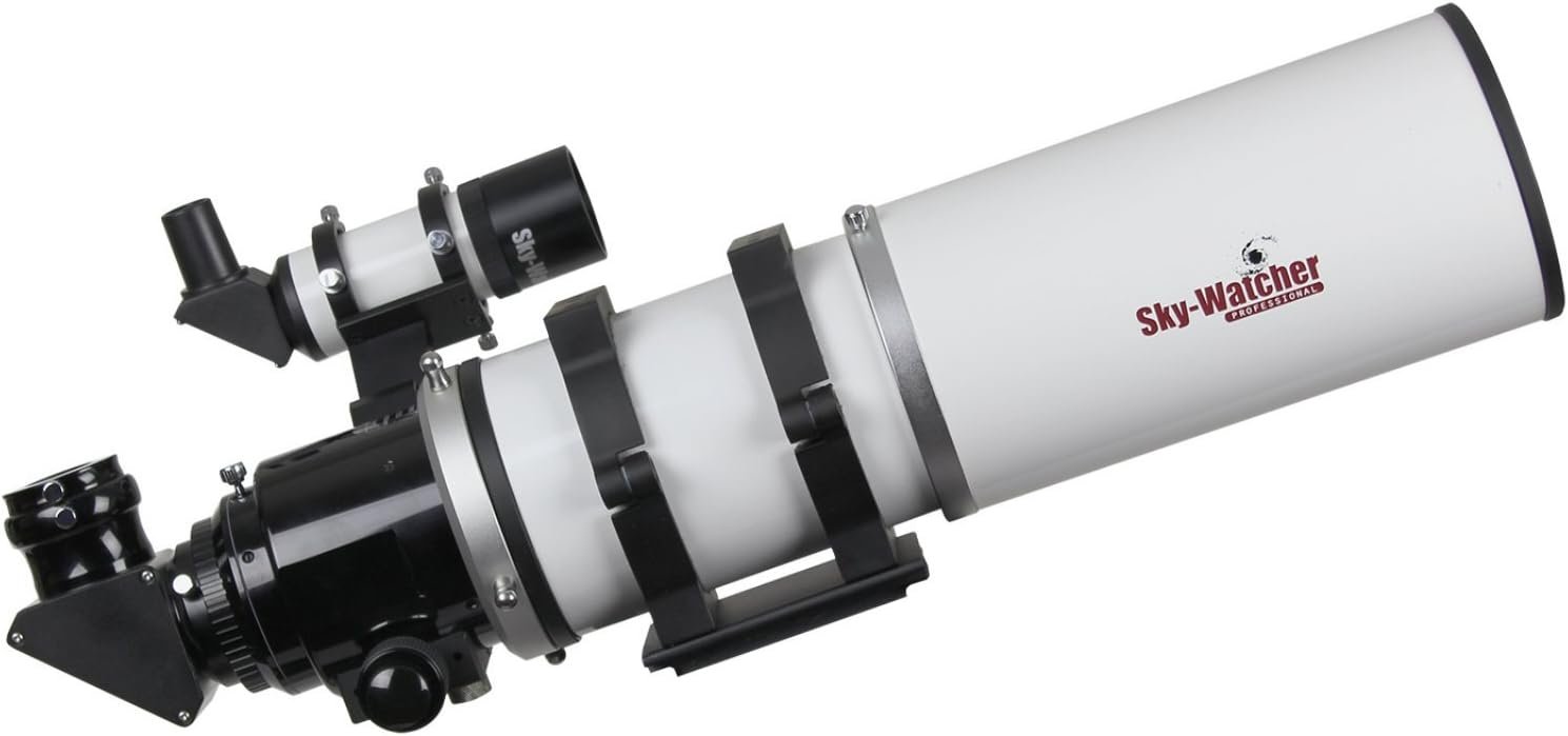 A white Sky-Watcher refractor telescope with black mounting hardware and focusing knobs is shown on a plain background.