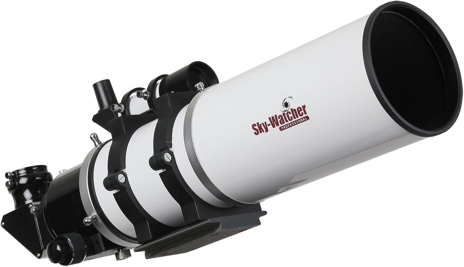 A white Sky-Watcher telescope with black mounting hardware is displayed against a plain background.