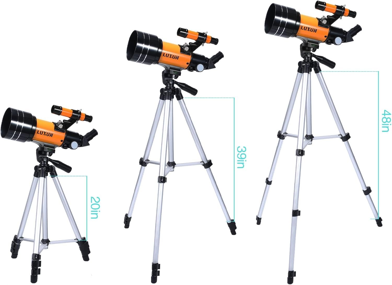Three orange telescopes on adjustable silver tripods, shown at heights of 20, 39, and 48 inches, against a white background.
