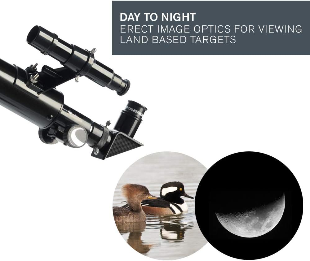 A telescope is shown with insets of a duck on water and a crescent moon, along with text highlighting its use for viewing land and celestial objects.