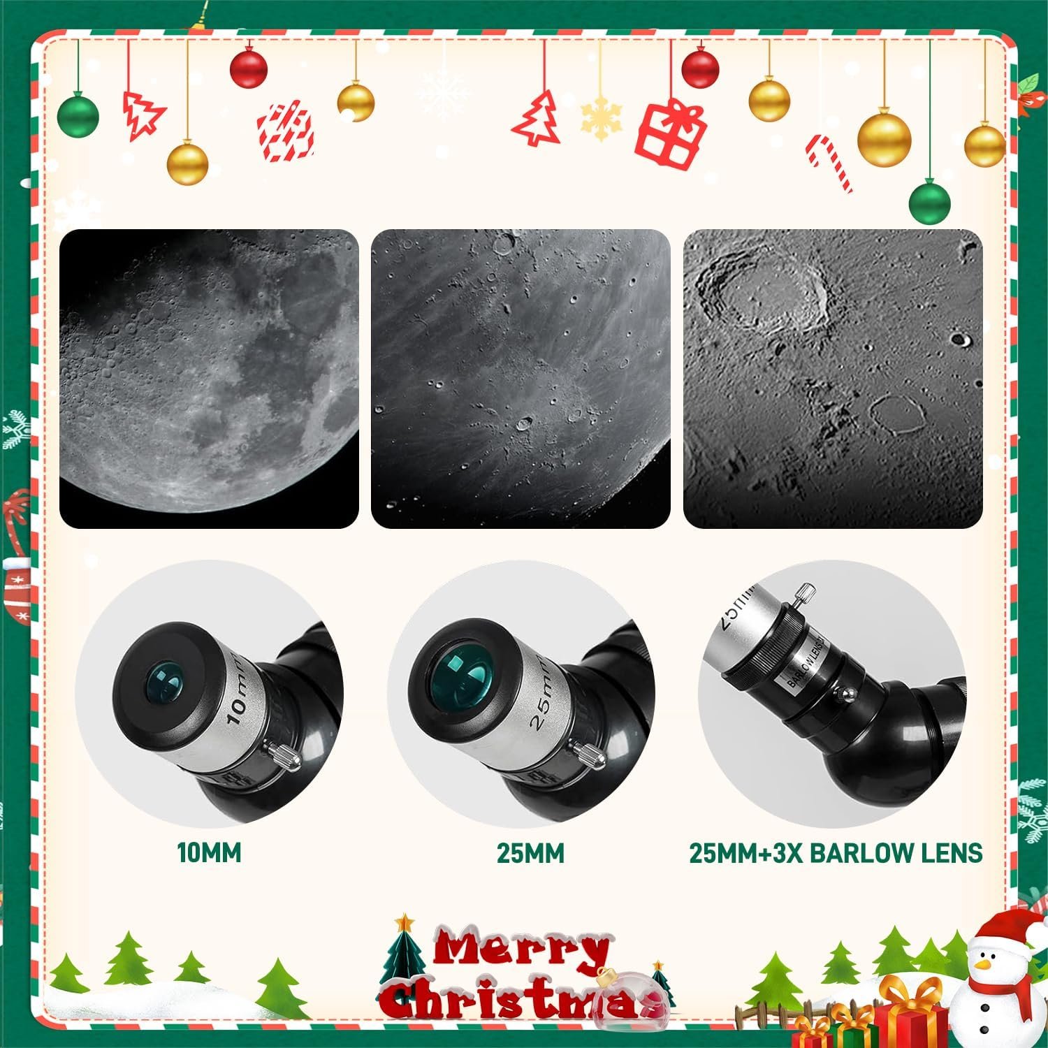A festive Christmas-themed graphic shows detailed moon photos, three telescope eyepieces labeled 10mm, 25mm, and 25mm+3X Barlow lens, with decorations and "Merry Christmas" text.